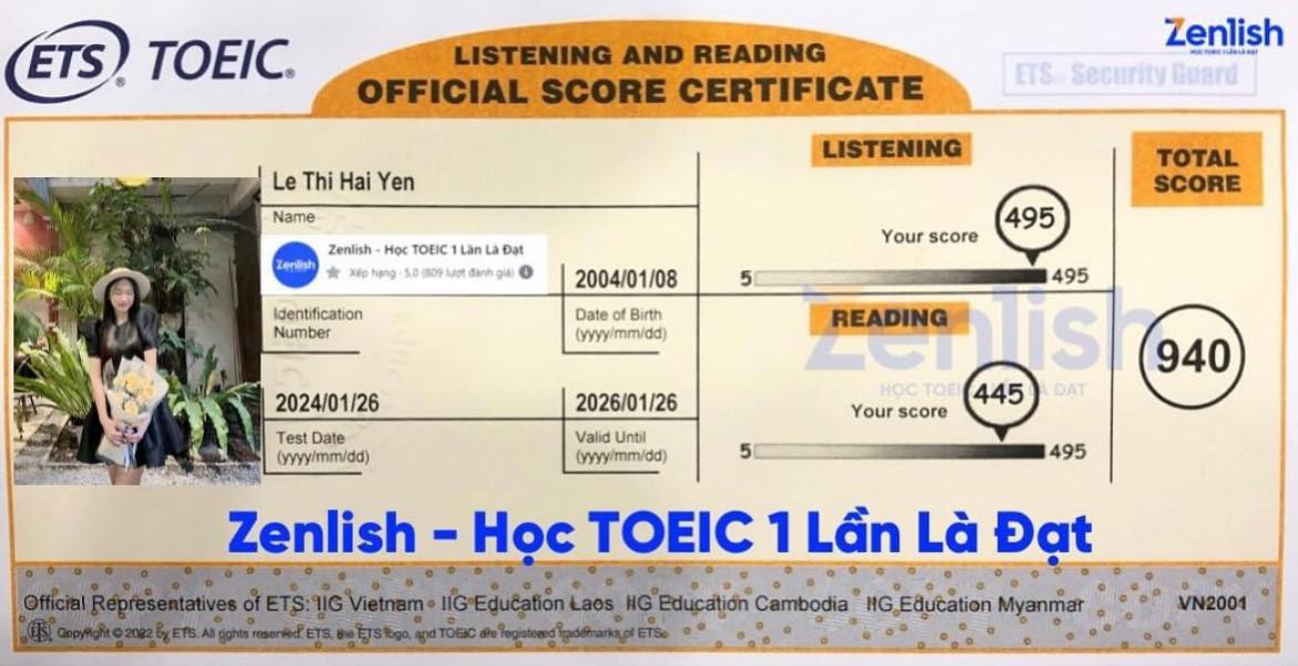 Chứng chỉ 940/990 TOEIC của Hải Yến