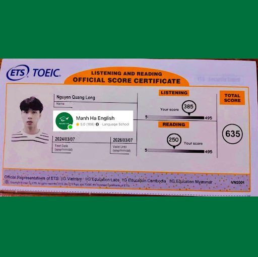 Chứng chỉ của học viên tại TOEIC Manh Ha