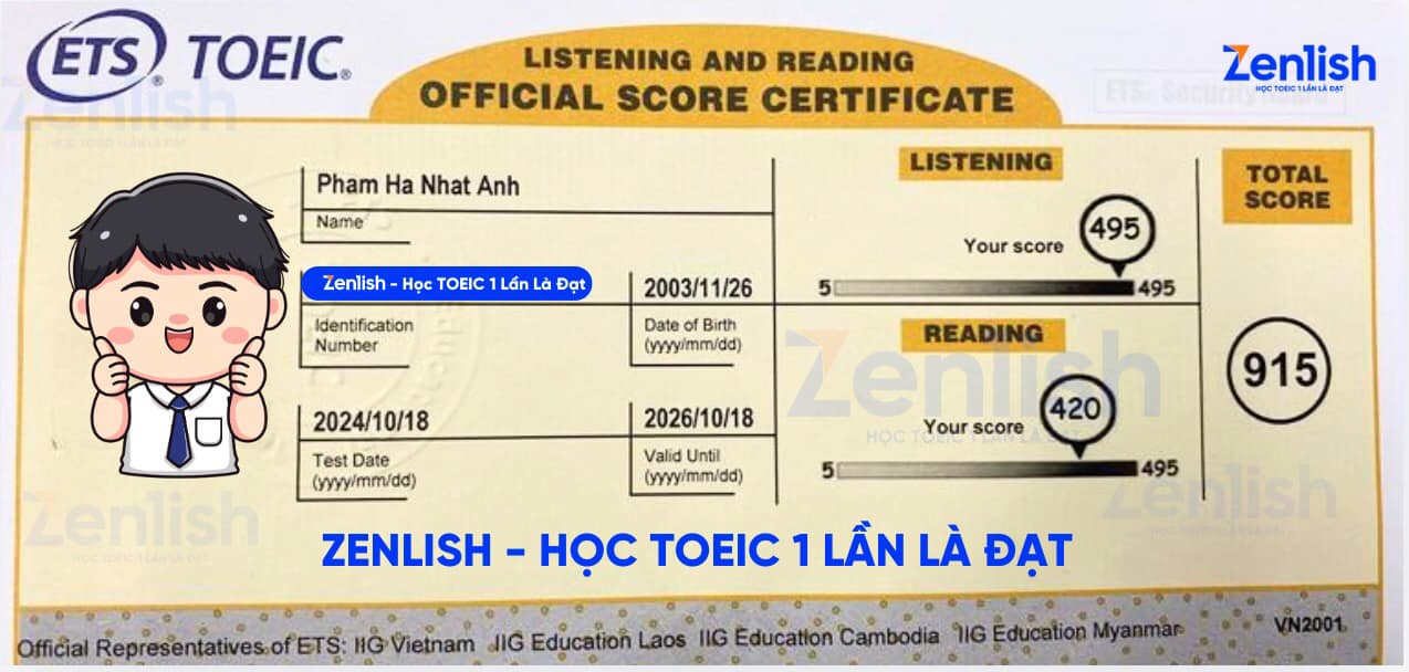 Chứng chỉ 915 TOEIC của Nhật Anh