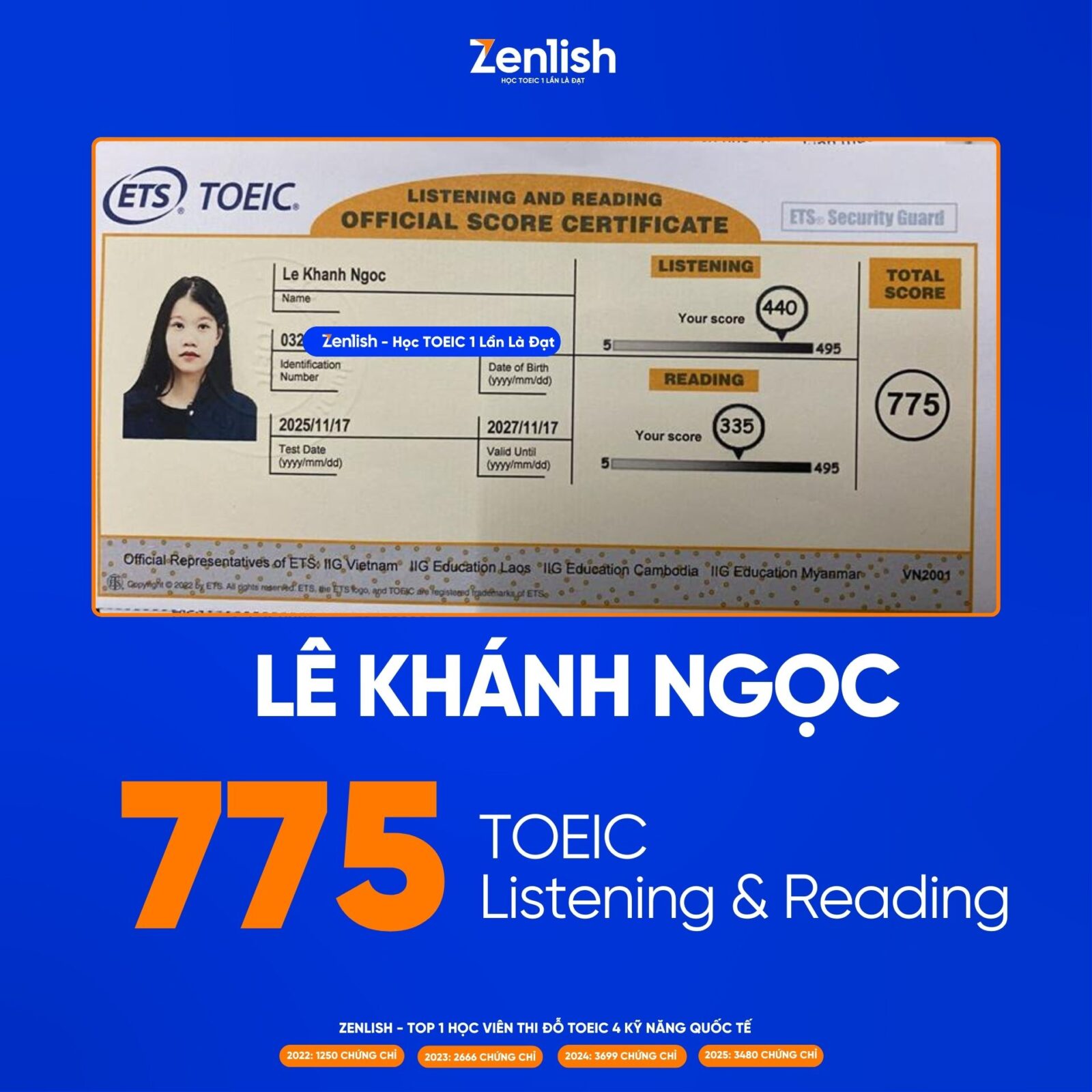 Chứng chỉ đạt 800/990 TOEIC tại Zenlish 